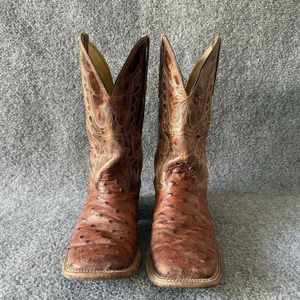 Cavenders Mens Rustic Cognac Ostrich Print Square Toe Western Cowboy Boots 9.5 D